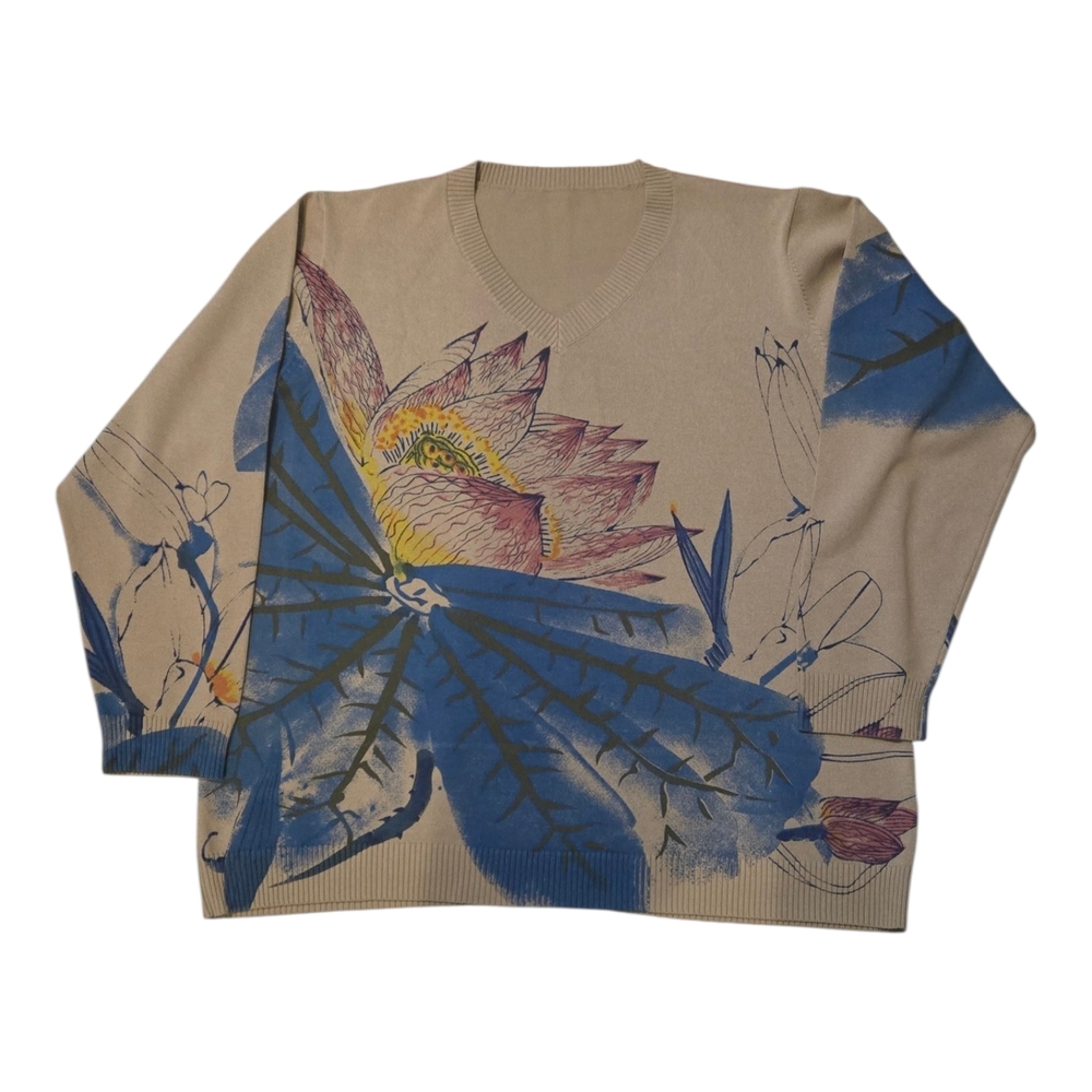 Floral V-Neck Sweater with Blue and Beige Design